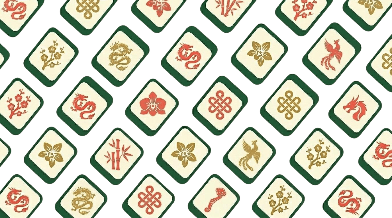 Mahjong tiles arranged diagonally with forest green borders, cream faces, and red and gold motifs
